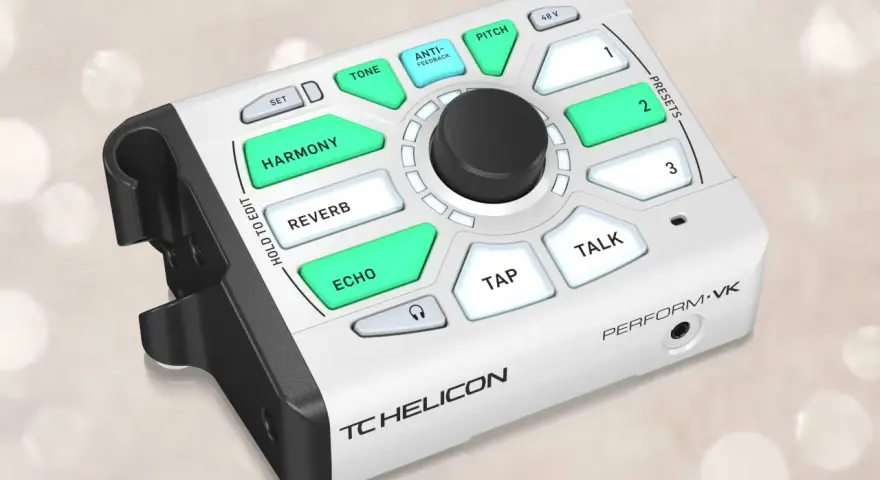 TC Helicon Perform-VK – kompaktowe urządzenie do przetwarzania wokalu z efektami takimi jak harmonia, reverb, echo, pitch i talk.