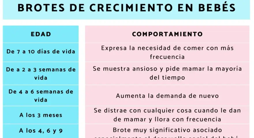 Tabla sobre brotes de crecimiento en bebés. Detalla edad y comportamiento, útil para padres que usan leche de fórmula.