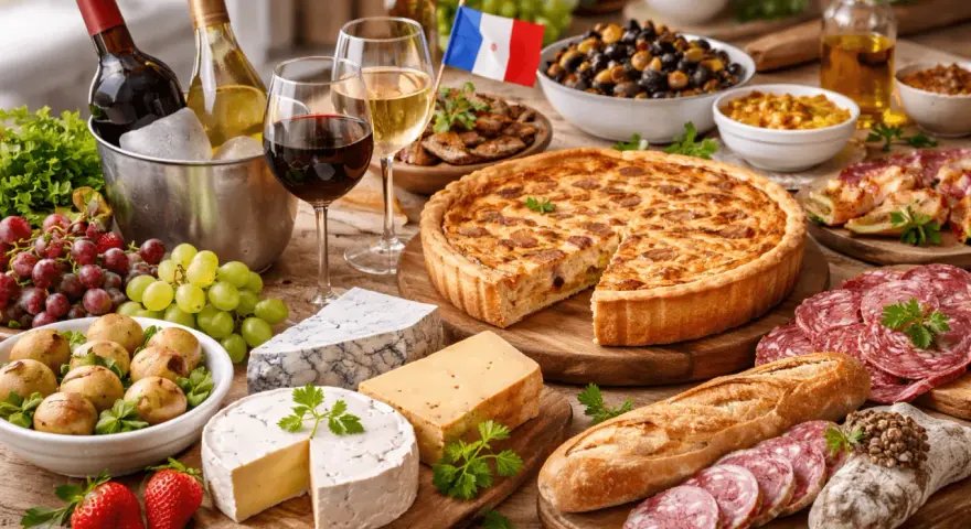 Un festin français : quiche, fromages, charcuterie, pain et fruits. Parfait pour savoir que manger avec un pinot noir.