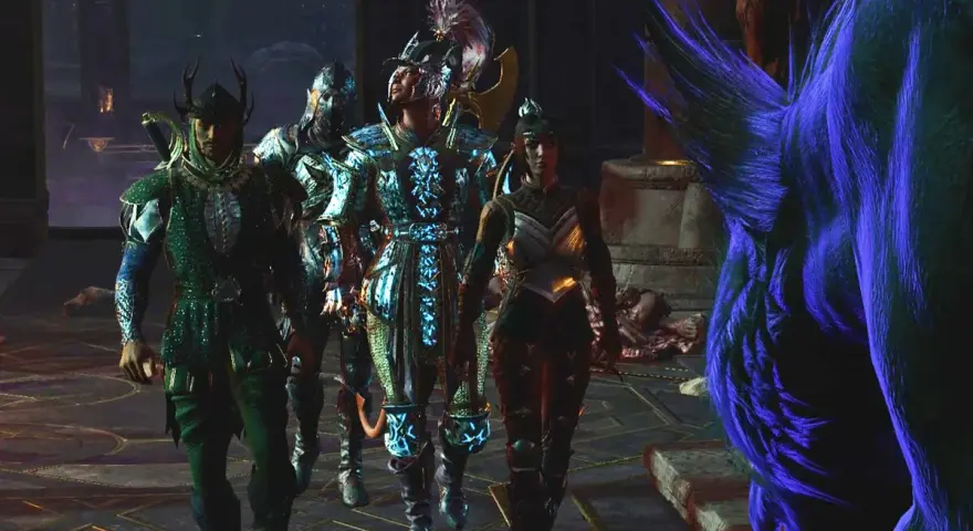 Guerreros con armaduras brillantes se preparan para la ordalía de Shar, enfrentando a una criatura azul peluda.