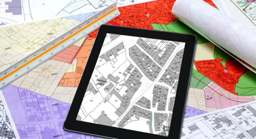 Na ekranie tabletu widoczny jest fragment miejscowego planu zagospodarowania przestrzennego gminy, otoczony mapami i linijką geodezyjną.