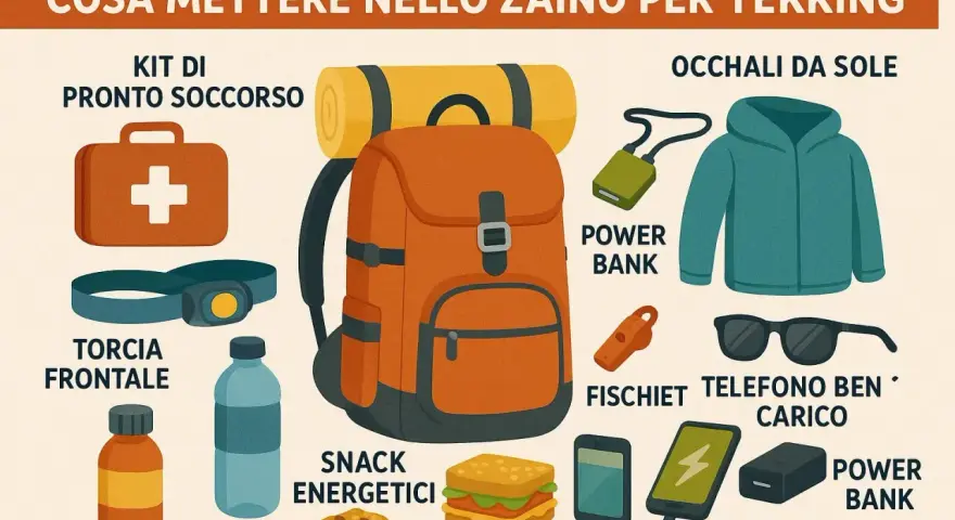 Zaino da trekking arancione con kit pronto soccorso, torcia, acqua, snack, power bank, fischietto, occhiali da sole e giacca. Essenziale per sapere cosa mettere nello zaino da trekking.