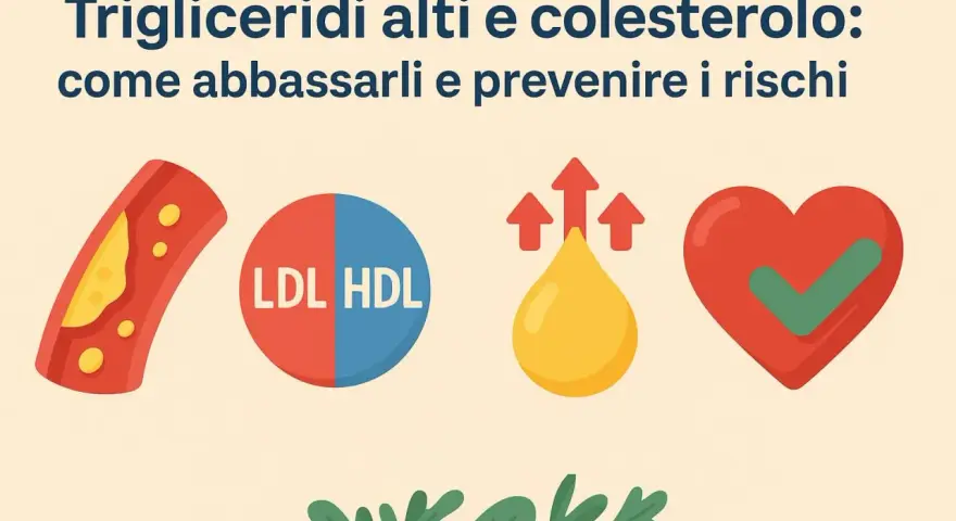 Illustrazione che spiega la differenza tra colesterolo e trigliceridi, con icone di arteria ostruita, LDL/HDL, goccia d'olio e cuore sano.