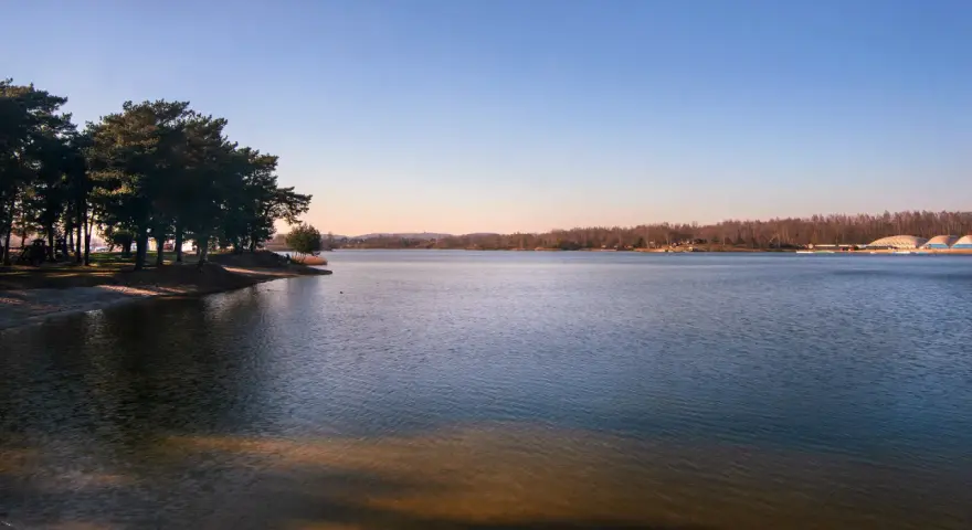 Spokojne jeziora w Małopolsce o zachodzie słońca. Drzewa na brzegu rzucają długie cienie na piaszczystą plażę.