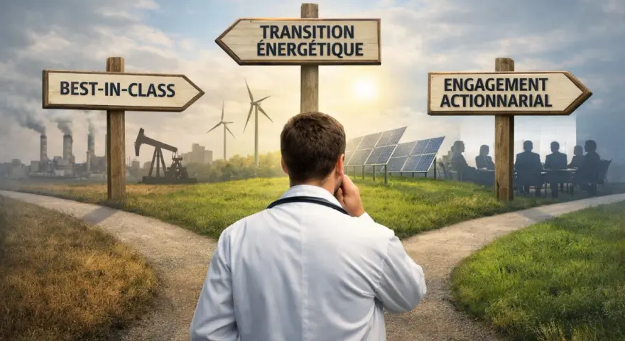 Un médecin réfléchit à un carrefour : industrie polluante, transition énergétique ou engagement actionnarial. Un choix crucial pour le mariage communauté universelle.