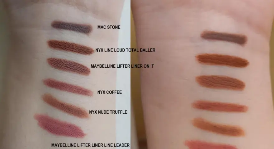 Testy odcieni na przedramieniu, w tym Maybelline Lifter Liner.