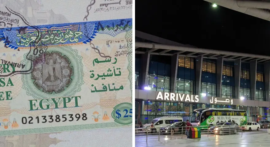 Wiza do Egiptu na paszporcie i nocny widok lotniska z napisem "ARRIVALS".