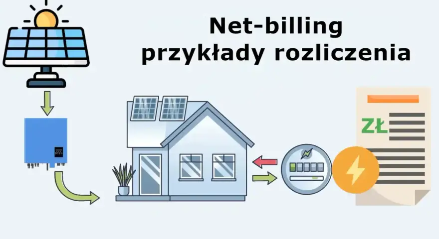 Schemat ilustruje net-billing i net metering: panele słoneczne, falownik, dom, licznik energii i rachunek.