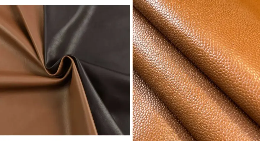Dos tipos de cuero: uno liso en marrón y negro, y otro con textura granulada en tono coñac.