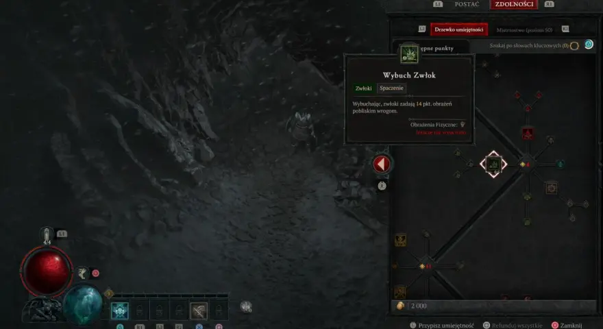 Diablo 4 nekromanta build: drzewko umiejętności z aktywną zdolnością "Wybuch Zwłok", która zadaje obrażenia pobliskim wrogom.