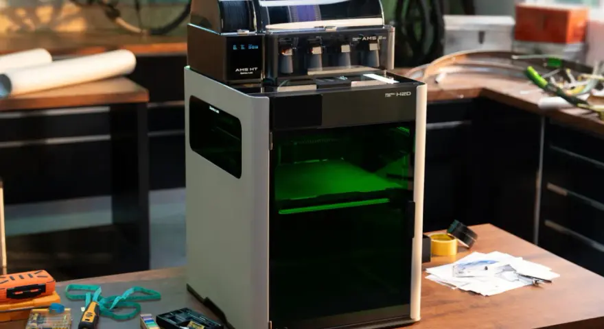 Nowoczesna drukarka 3D Bambu Lab H2D z systemem AMS HT, gotowa do tworzenia innowacyjnych projektów.