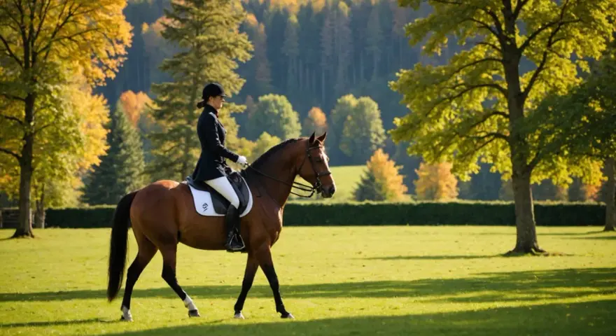 Une cavalière en tenue d'équitation monte un cheval brun dans un pré verdoyant, avec des arbres aux couleurs d'automne en arrière-plan. Un cadre idéal pour un gîte équestre.