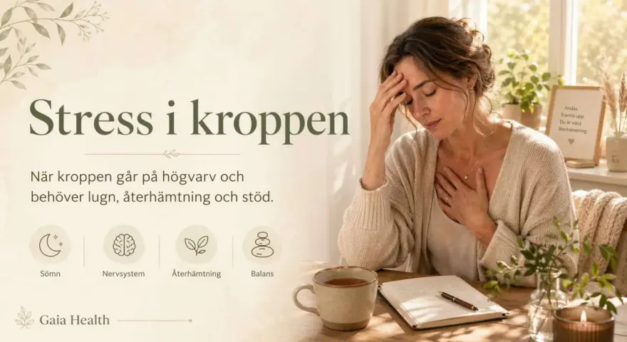 Kvinna med handen på tinningen och bröstet, visar fysiska tecken på farlig stress. Texten "Stress i kroppen" och ikoner för sömn, nervsystem, återhämtning och balans.