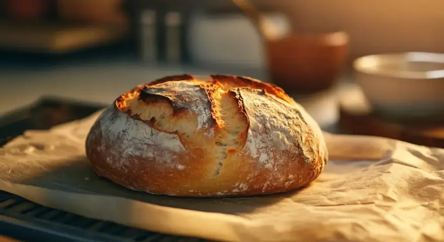 Ein rustikales Sauerteigbrot liegt auf Backpapier. Die Kruste ist goldbraun, aber das Brot geht nicht auf, was auf einen Backfehler hindeutet.