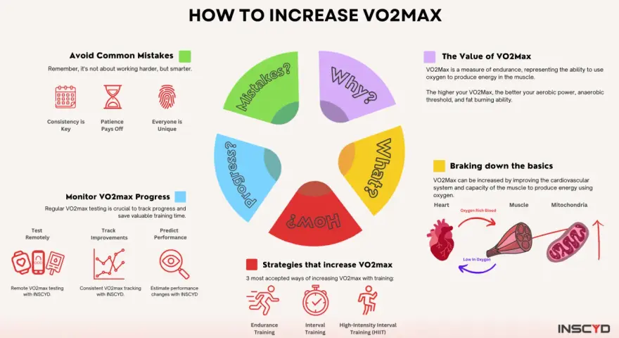 Infographic on increasing VO2 max, covering common mistakes, progress monitoring, and training strategies. A VO2 max of 50 is a good target.