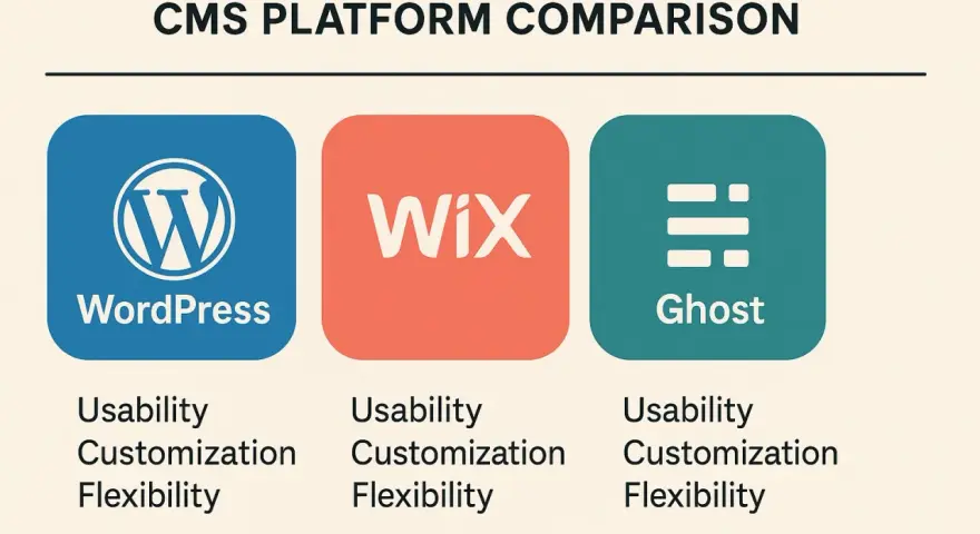 Comparaison des plateformes CMS : WordPress, Wix et Ghost, idéales pour créer des blog sites.