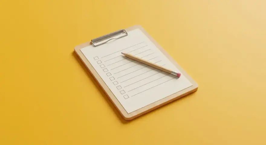 Klemmbrett mit leerer Liste und Bleistift, bereit für Fragen zum medizinischen Dienst und Pflegegrad.