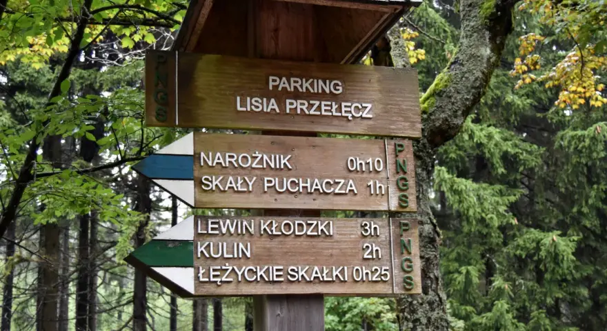Drewniany drogowskaz na leśnej ścieżce. Wskazuje parking Lisia Przełęcz oraz kierunki do Narożnika, Skał Puchacza, Lewina Kłodzkiego, Kulin i Łężyckich Skałek.