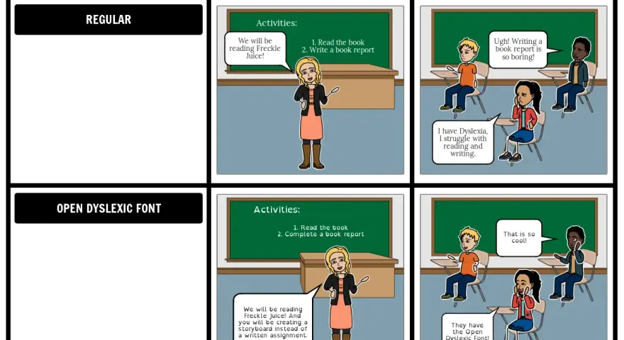 Comparación de actividades para trabajar la dislexia: una clase usa fuente normal, otra usa fuente Open Dyslexic.