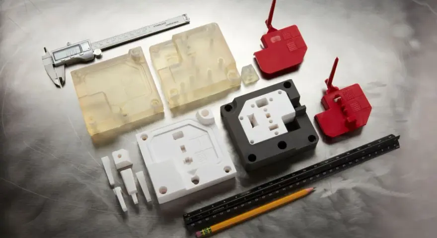 Various 3d printed molds, including clear, white, and red plastic components, are laid out with a caliper, ruler, and pencil on a metallic surface.