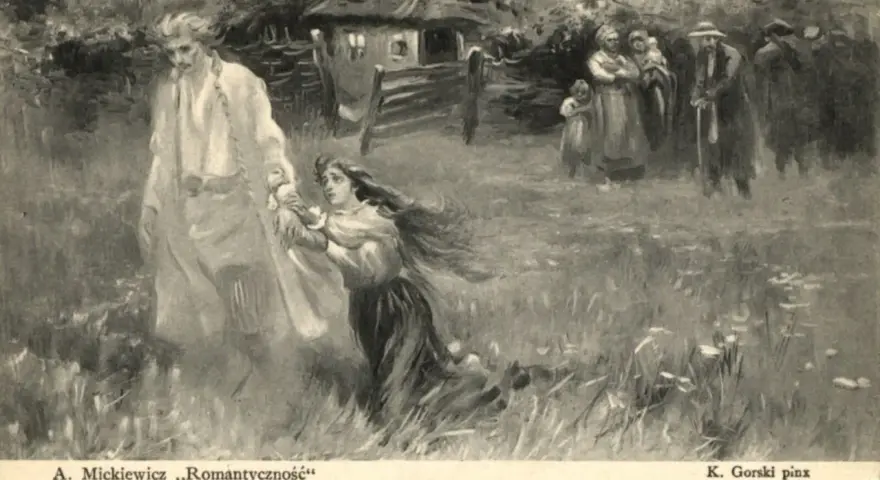 Scena z ballady romantyczność: dziewczyna błaga o litość, postać w bieli odchodzi, w tle chata i ludzie.