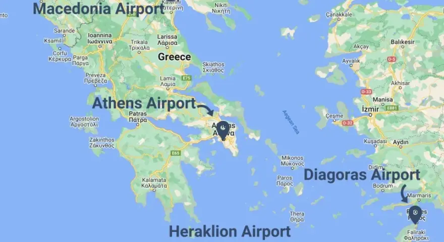 Główne lotniska w Grecji: Macedonia Airport, Athens Airport, Diagoras Airport i Heraklion Airport.