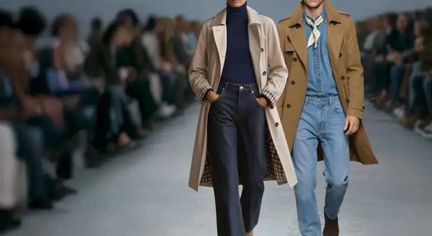 Modelka i model prezentują stylizacje na pokazie. Klasyczne trencze i jeansy to ponadczasowa moda 2026.