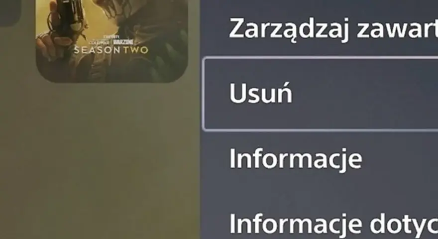 Ekran PS5 z opcją "Usuń" pod "Zarządzaj zawartością". Dowiedz się, jak odinstalować grę na PS5.