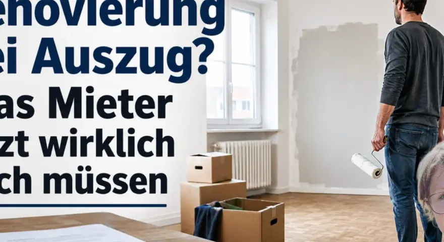 Renovierung bei Auszug: Mann mit Farbrolle und Umzugskartons. Schlüssel und Vertrag liegen bereit.