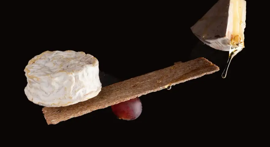 Queso camembert y brie, con galleta y uva. La diferencia entre camembert y brie se aprecia en sus formas y texturas.