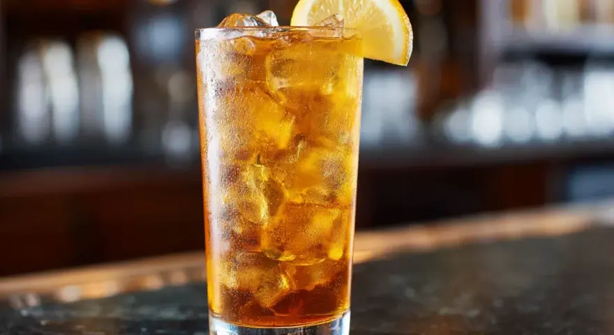 Ett glas Long Island Iced Tea med is och en citronskiva, redo att avnjutas vid en bar.