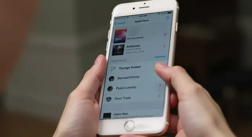 Ręce trzymają iPhone'a z otwartą aplikacją Apple Music. Widoczna lista utworów, która może pomóc w nauce, jak pobrać muzykę na iPhone'a.