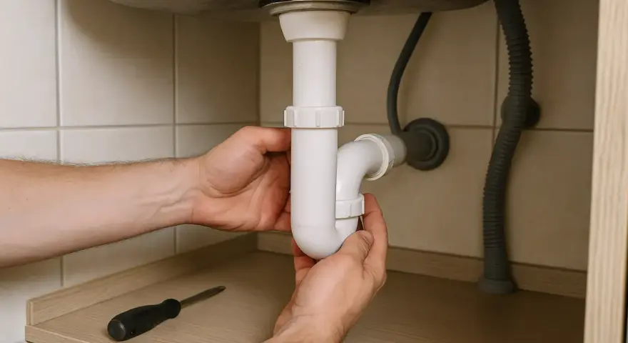 Mains de personne réparant un siphon bouché sous un évier. Un tournevis est posé sur une étagère.