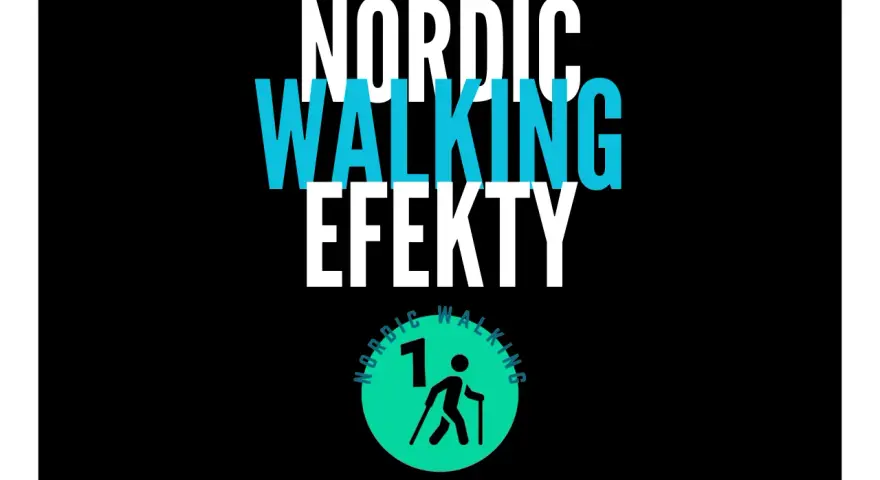 Napis "NORDIC WALKING EFEKTY" z ikoną osoby z kijkami. Odkryj korzyści z nordic walking!