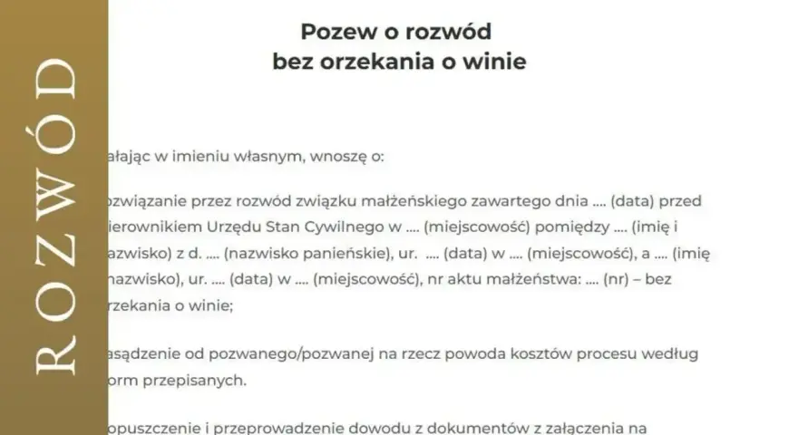 Pozew o rozwód bez orzekania o winie. Dokument zawiera dane potrzebne do ustalenia, czy powód dostaje odpowiedź na pozew.