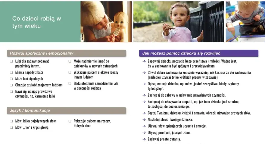 Dziecko 18 miesięczne nie chodzi samodzielnie, ale rozwija się społecznie i emocjonalnie.