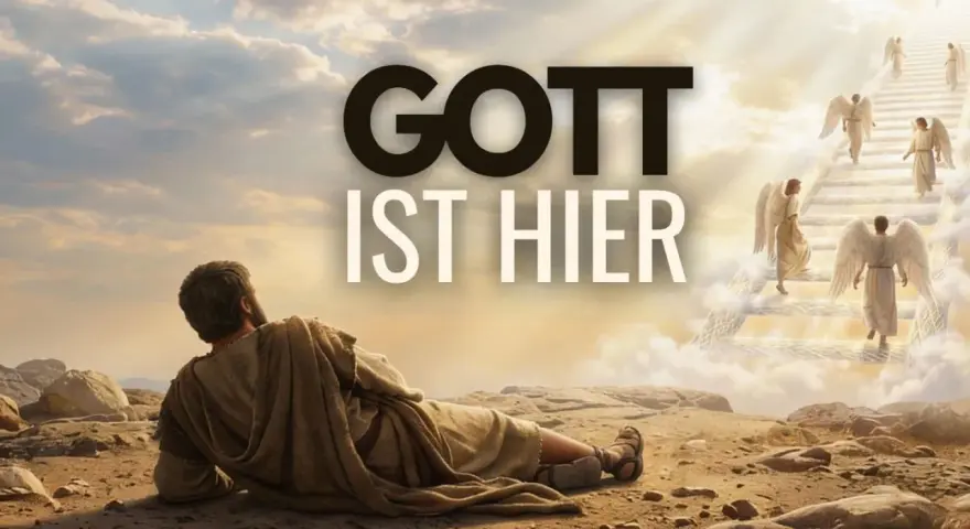 Jakub sieht eine Himmelsleiter mit Engeln, die aufsteigen. Gott ist hier, wie in Genesis 28,15.