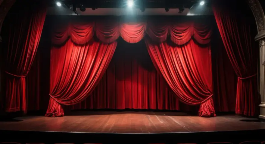 Czerwone, aksamitne zasłony w teatrze, gotowe do odsłonięcia sceny. Podłoga lśni, a światła z góry oświetlają pustą przestrzeń, czekającą na spektakl.