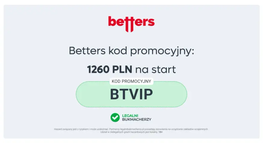 Betters kod promocyjny BTVIP daje 1260 PLN na start. Zdobądź bonus i zacznij grę!