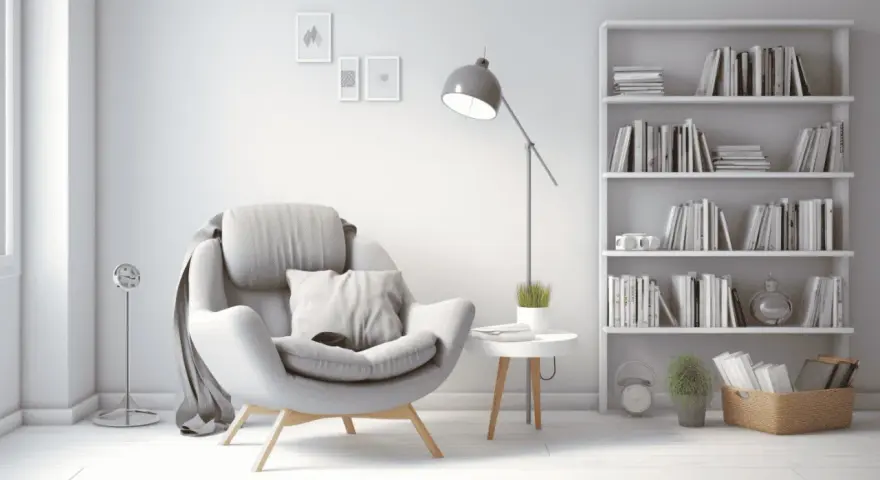 Un sillón cómodo junto a una estantería llena de libros, creando una acogedora biblioteca en casa.