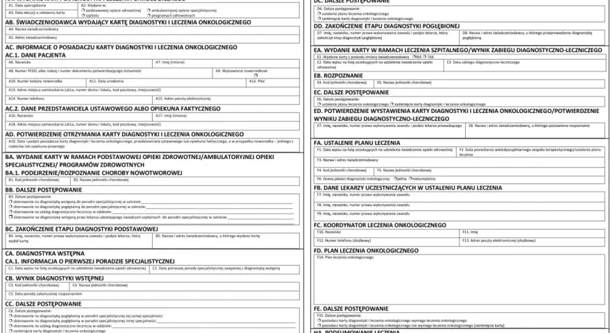 Karta diagnostyki i leczenia onkologicznego zawiera dane pacjenta, rozpoznanie, plan leczenia i dalsze postępowanie.