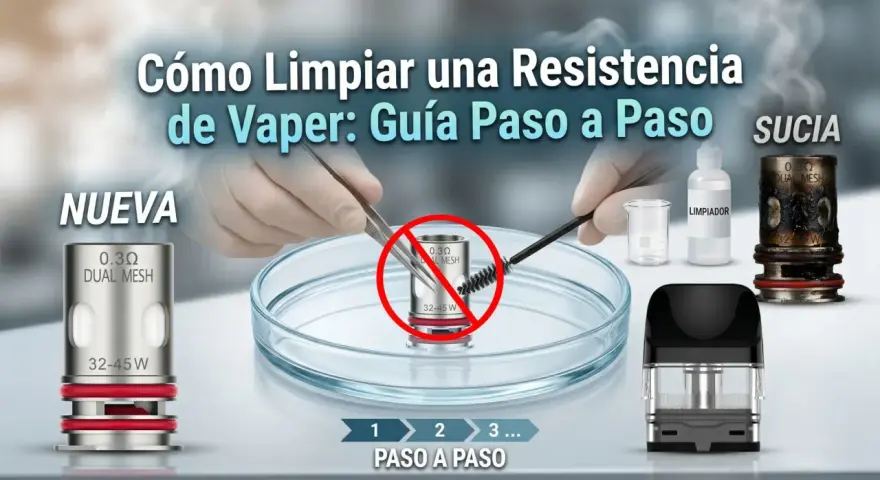 Guía para limpiar resistencia vape: muestra una resistencia nueva y una sucia, con herramientas para su mantenimiento.