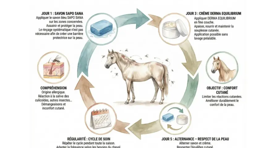 Routine de soin pour la dermite estivale du cheval : comprendre, assainir, apaiser et alterner pour le confort cutané.
