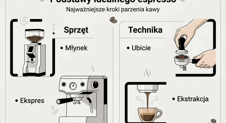 Ilustracja pokazuje kluczowe etapy, jak zrobić espresso: młynek, ekspres, ubicie kawy i ekstrakcję.