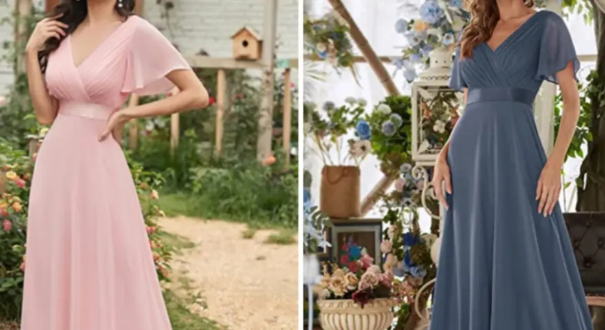 Dos vestidos largos de fiesta, uno rosa y otro azul, perfectos para lucir elegante.
