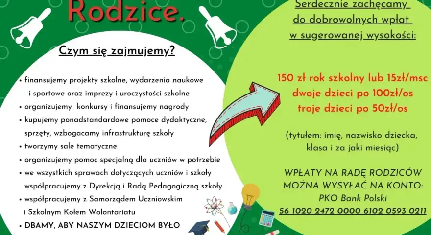 Rada rodziców działa na rzecz uczniów: finansuje projekty, organizuje konkursy, kupuje pomoce dydaktyczne i dba o dobro dzieci w szkole.
