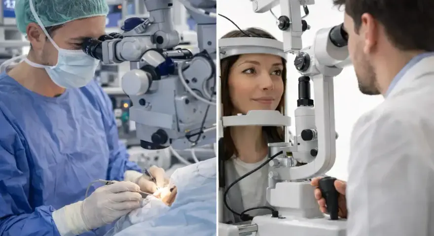 Optometrysta to specjalista od wzroku. Na zdjęciu widzimy go podczas operacji oka i badania wzroku pacjentki.