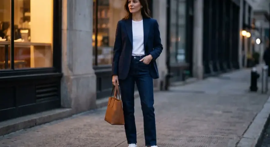 Kobieta w granatowej marynarce i jeansach, z brązową torbą, prezentuje styl semi formal na ulicy.