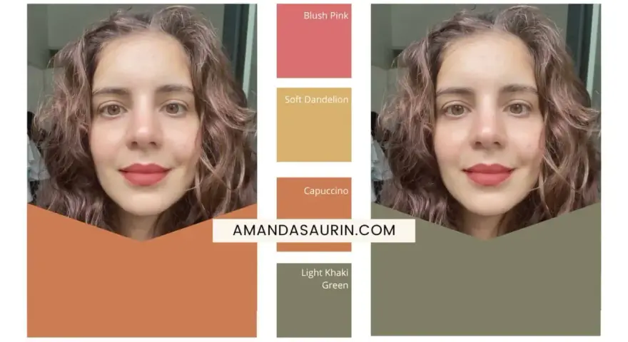 Palette de colorimétrie brune pour des yeux marrons. La femme porte un rouge à lèvres "Capuccino".