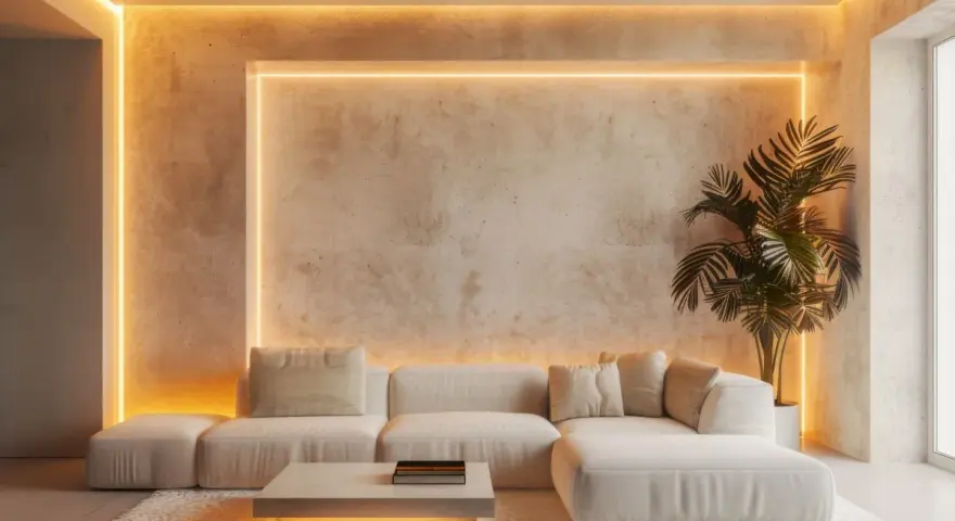 Sofá blanco y alfombra mullida, en un salón moderno con las últimas tendencias en iluminación, creando un ambiente cálido y acogedor.